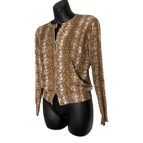 Ava Paige Tan Snakeskin Animal Print Knit Cardigan Sweater Size Small - Picture 2 of 9
